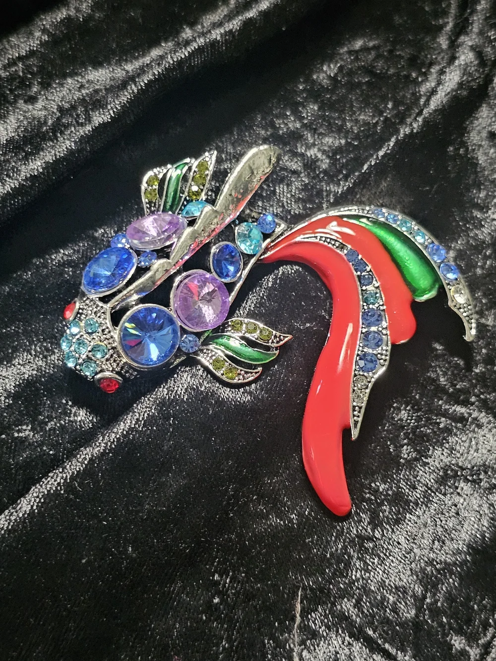 Colorful Gemstone Fish Brooch with Red Enamel Fins